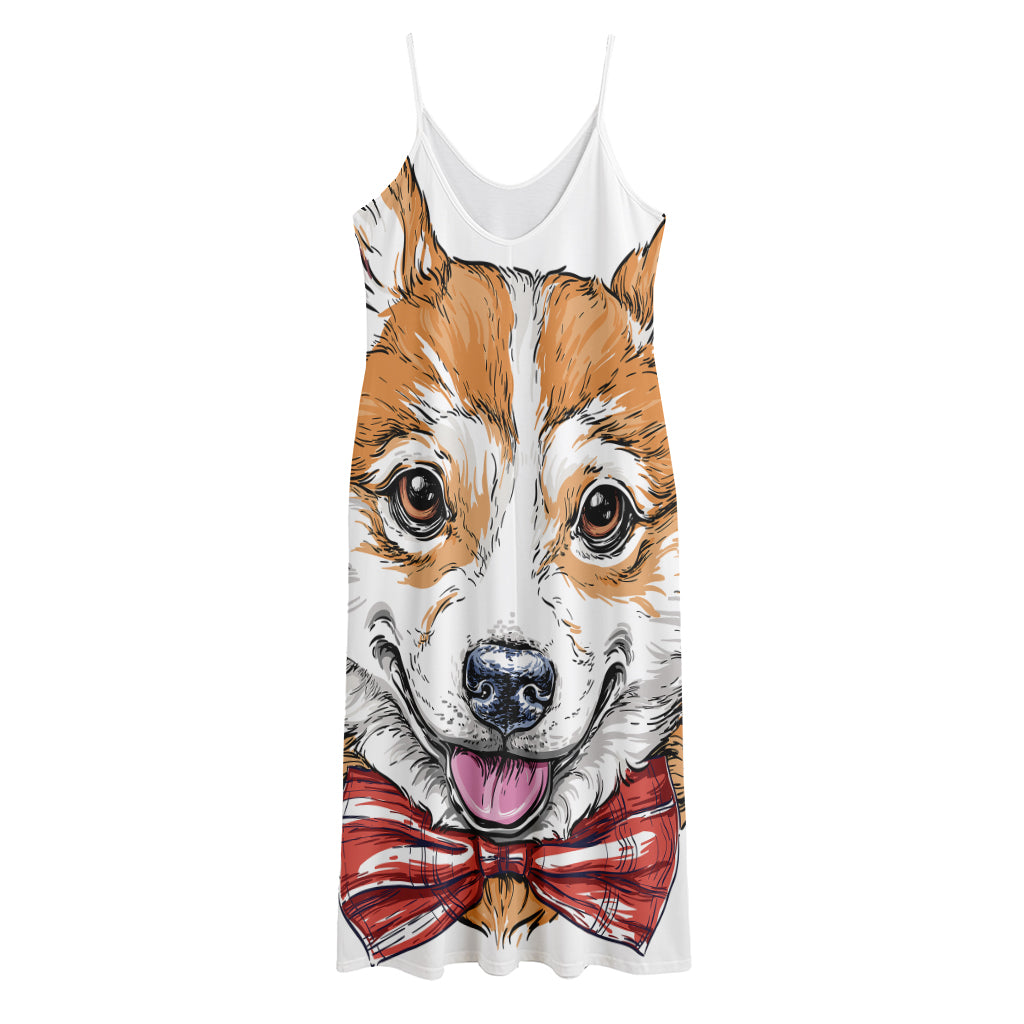 Hipster Pembroke Welsh Corgi Print Jersey Midi Cami Dress