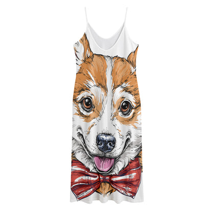 Hipster Pembroke Welsh Corgi Print Jersey Midi Cami Dress