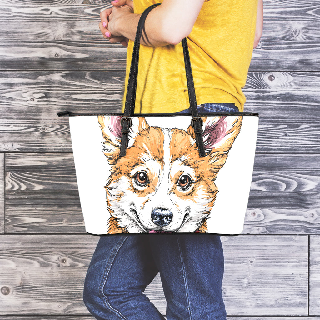 Hipster Pembroke Welsh Corgi Print Leather Tote Bag