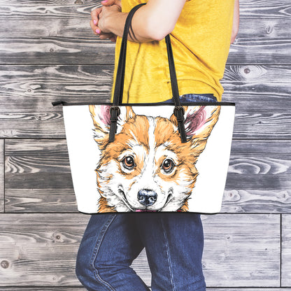 Hipster Pembroke Welsh Corgi Print Leather Tote Bag
