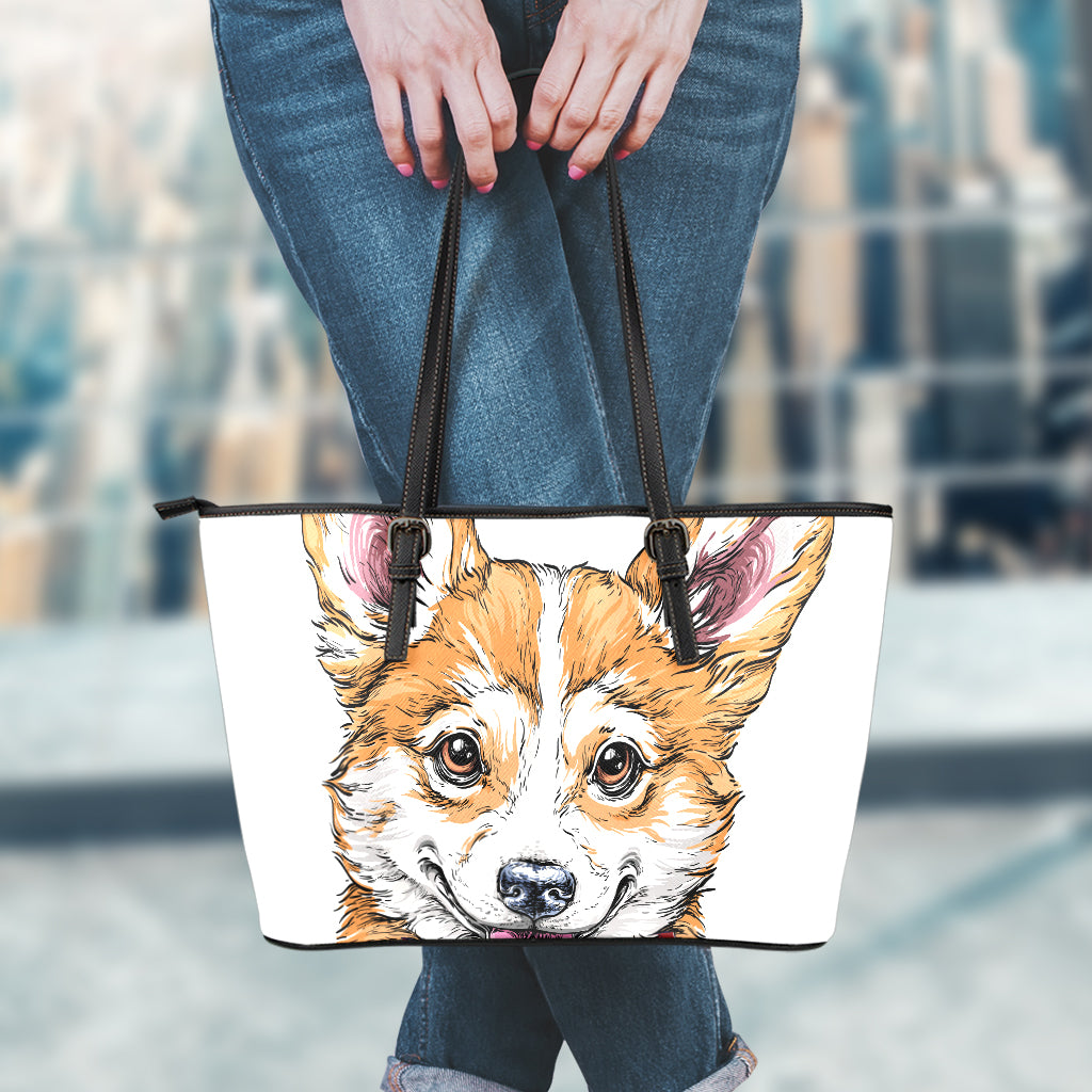 Hipster Pembroke Welsh Corgi Print Leather Tote Bag