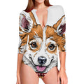 Hipster Pembroke Welsh Corgi Print Long Sleeve Swimsuit