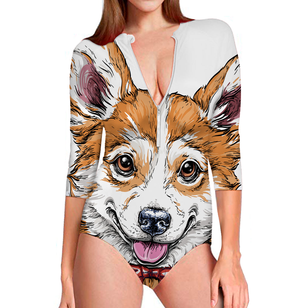 Hipster Pembroke Welsh Corgi Print Long Sleeve Swimsuit