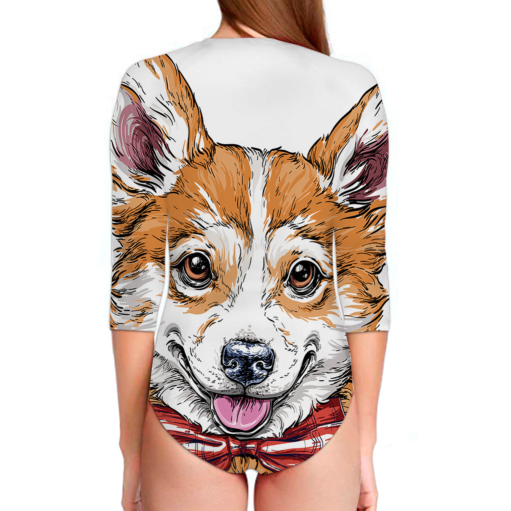 Hipster Pembroke Welsh Corgi Print Long Sleeve Swimsuit