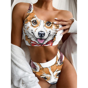 Hipster Pembroke Welsh Corgi Print One Shoulder Bikini Top