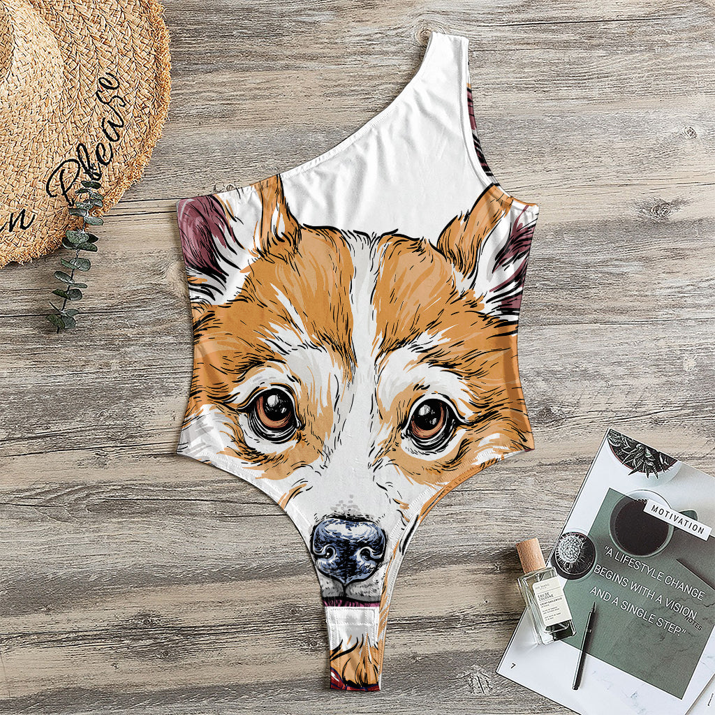 Hipster Pembroke Welsh Corgi Print One Shoulder Bodysuit