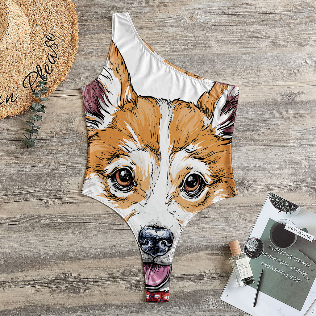 Hipster Pembroke Welsh Corgi Print One Shoulder Bodysuit