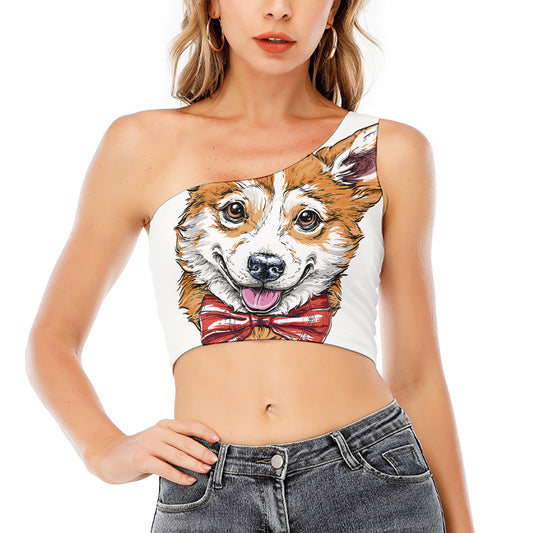 Hipster Pembroke Welsh Corgi Print One Shoulder Crop Top
