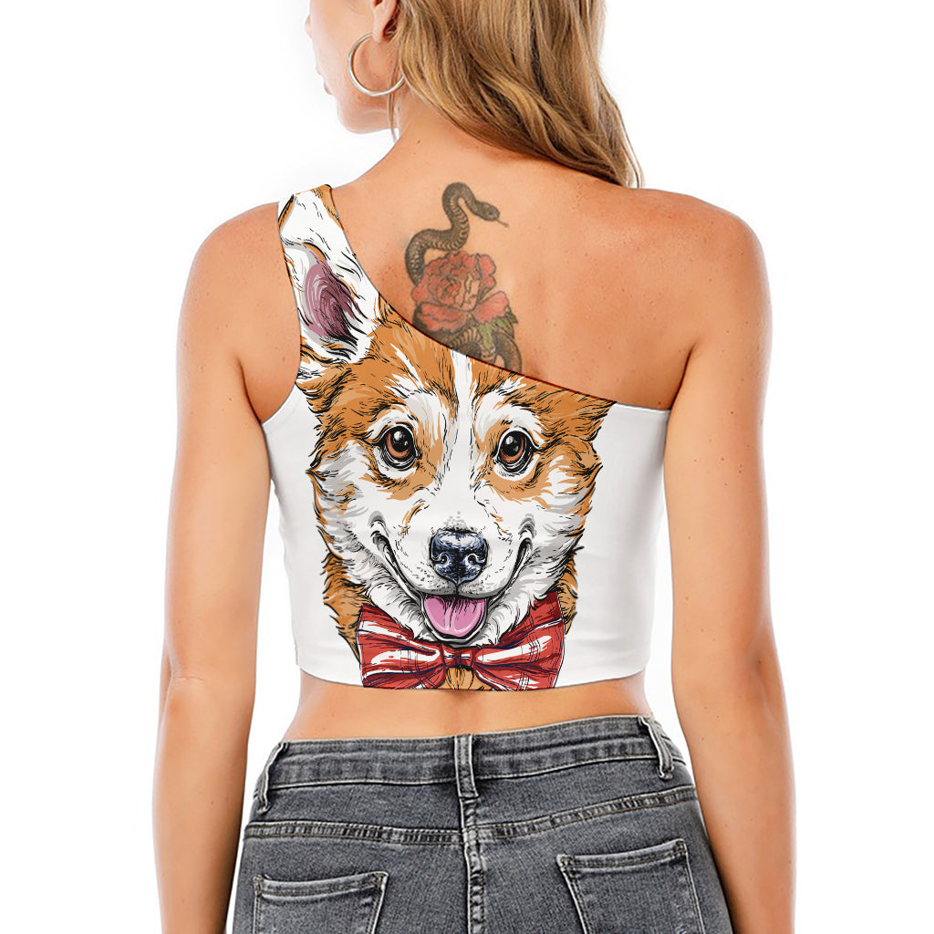Hipster Pembroke Welsh Corgi Print One Shoulder Crop Top