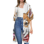 Hipster Pembroke Welsh Corgi Print Open Front Beach Cover Up