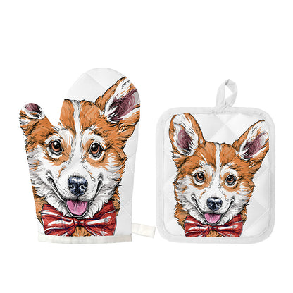 Hipster Pembroke Welsh Corgi Print Oven Mitt And Pot Holder Set
