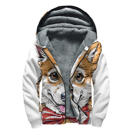 Hipster Pembroke Welsh Corgi Print Sherpa Lined Zip Up Hoodie
