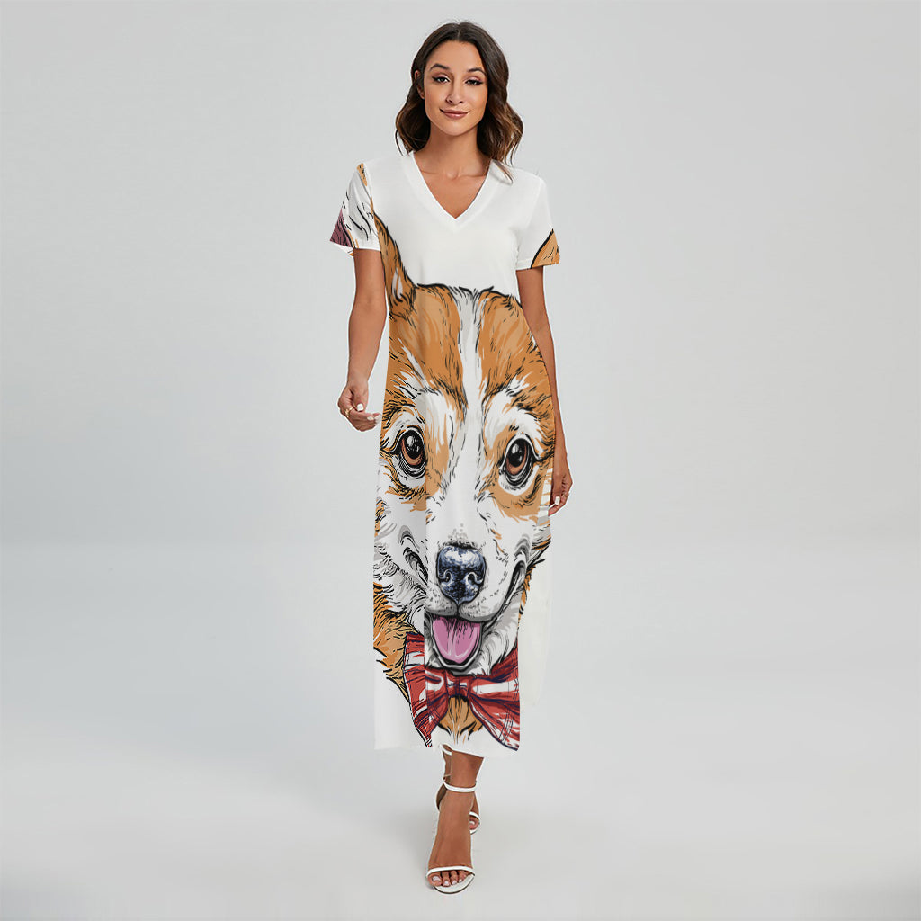 Hipster Pembroke Welsh Corgi Print Short Sleeve Maxi Dress