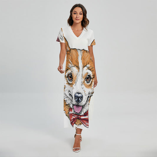 Hipster Pembroke Welsh Corgi Print Short Sleeve Maxi Dress