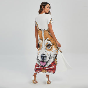 Hipster Pembroke Welsh Corgi Print Short Sleeve Maxi Dress