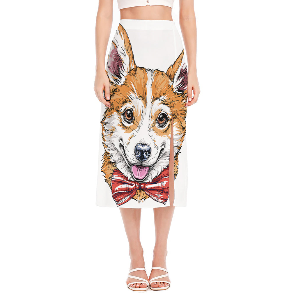 Hipster Pembroke Welsh Corgi Print Side Slit Midi Skirt