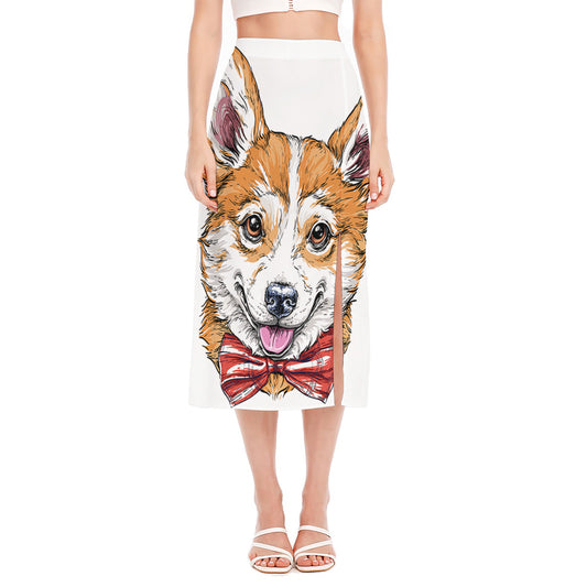 Hipster Pembroke Welsh Corgi Print Side Slit Midi Skirt
