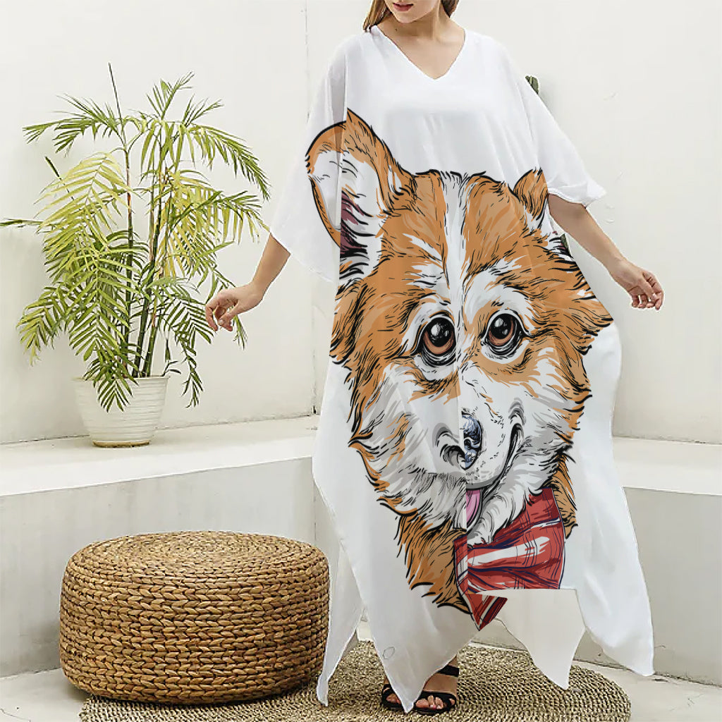 Hipster Pembroke Welsh Corgi Print Silk V-Neck Kaftan Dress