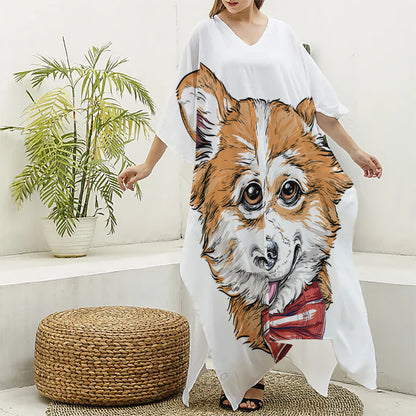 Hipster Pembroke Welsh Corgi Print Silk V-Neck Kaftan Dress
