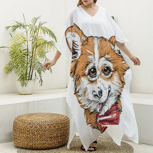 Hipster Pembroke Welsh Corgi Print Silk V-Neck Kaftan Dress