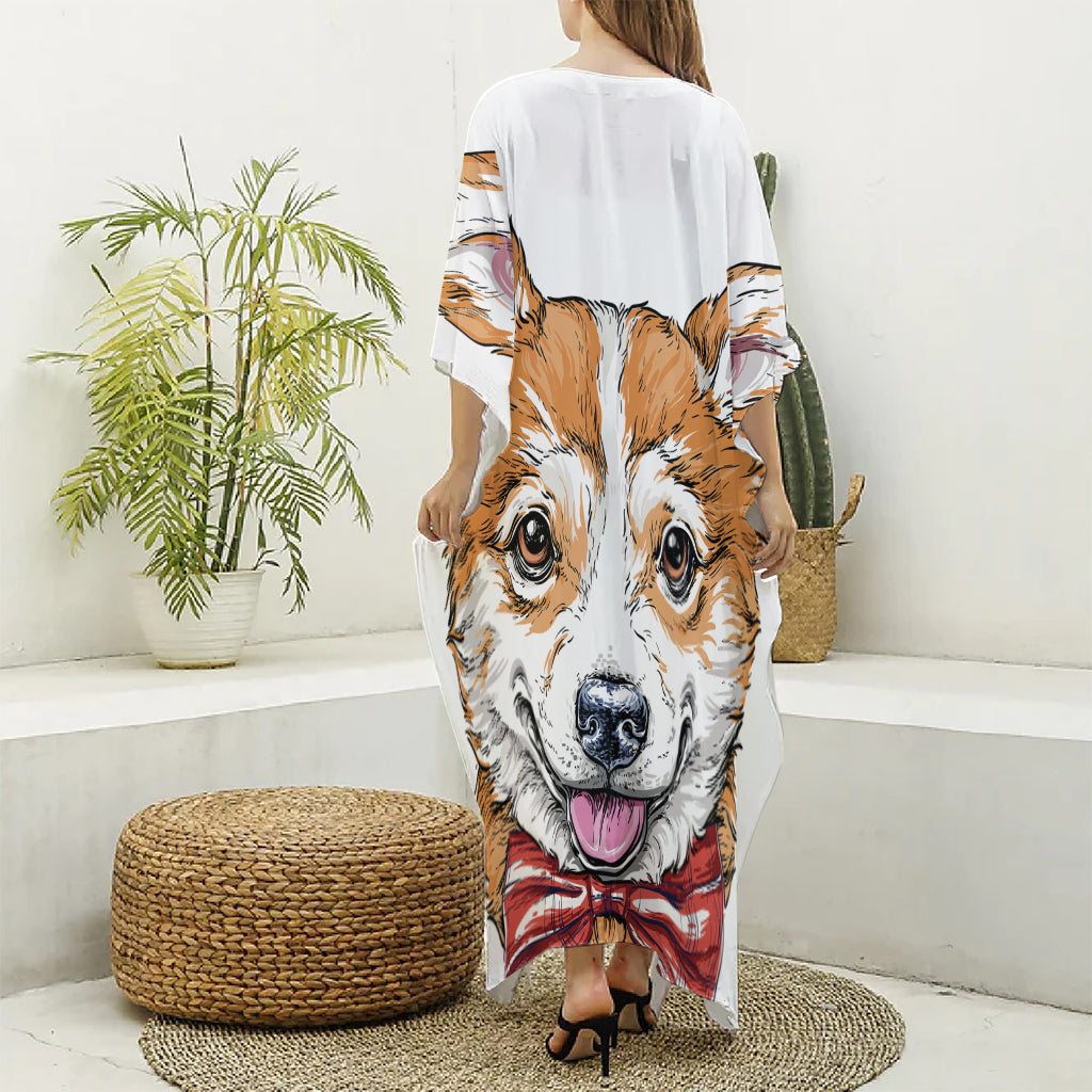 Hipster Pembroke Welsh Corgi Print Silk V-Neck Kaftan Dress