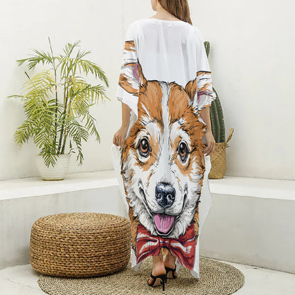 Hipster Pembroke Welsh Corgi Print Silk V-Neck Kaftan Dress