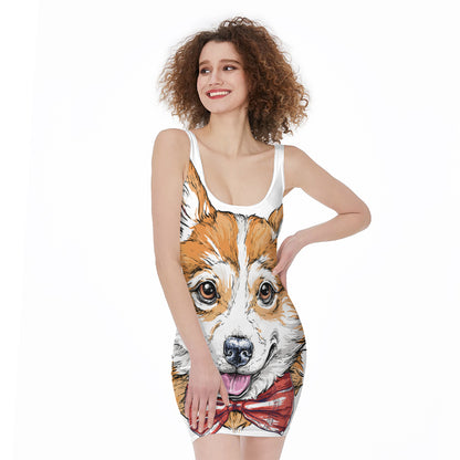 Hipster Pembroke Welsh Corgi Print Sleeveless Bodycon Dress