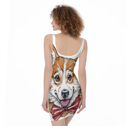 Hipster Pembroke Welsh Corgi Print Sleeveless Bodycon Dress