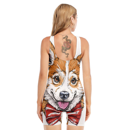 Hipster Pembroke Welsh Corgi Print Sleeveless One Piece Swimsuit