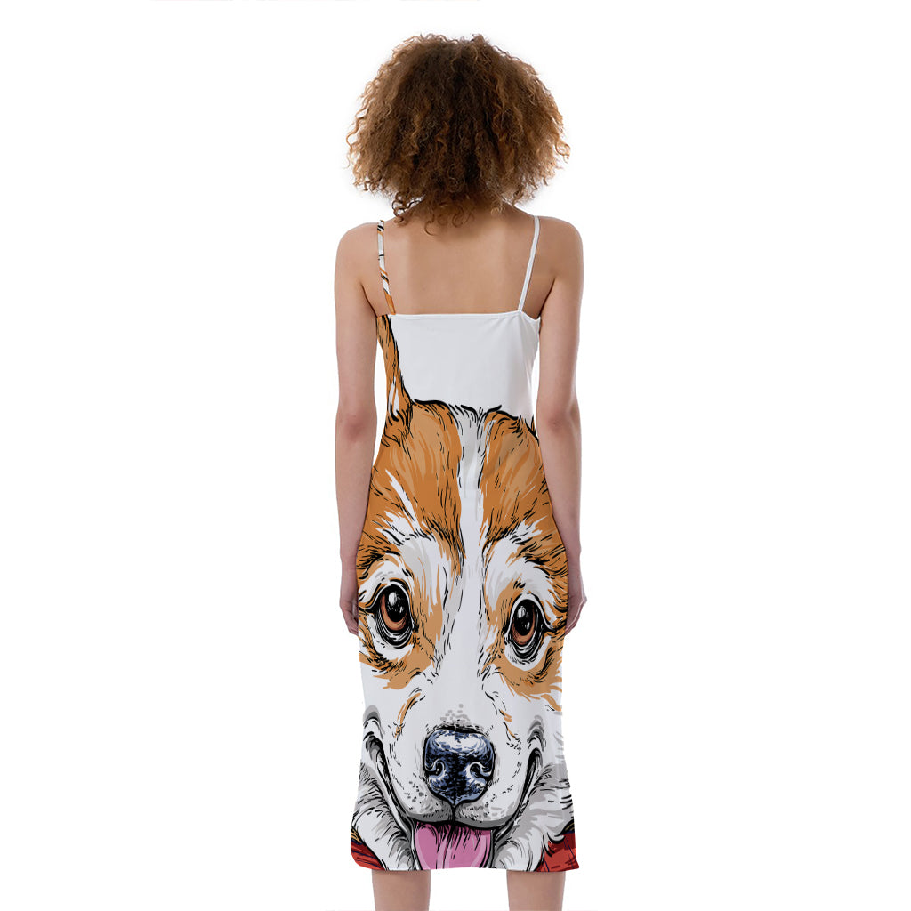 Hipster Pembroke Welsh Corgi Print Slim Fit Midi Cami Dress