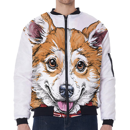Hipster Pembroke Welsh Corgi Print Zip Sleeve Bomber Jacket