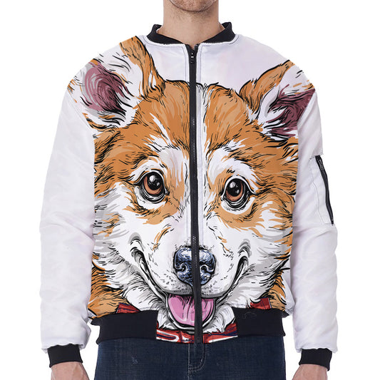 Hipster Pembroke Welsh Corgi Print Zip Sleeve Bomber Jacket