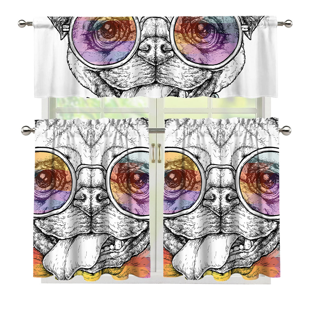 Hipster Pug Print 3 Piece Kitchen Curtains