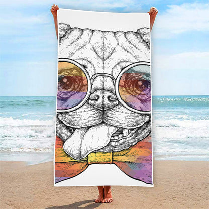 Hipster Pug Print Beach Towel