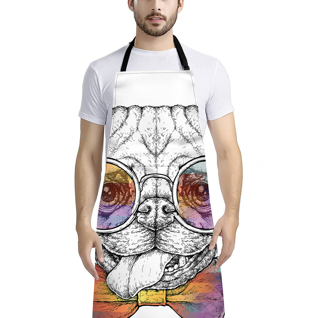Hipster Pug Print Bib Apron With Pocket