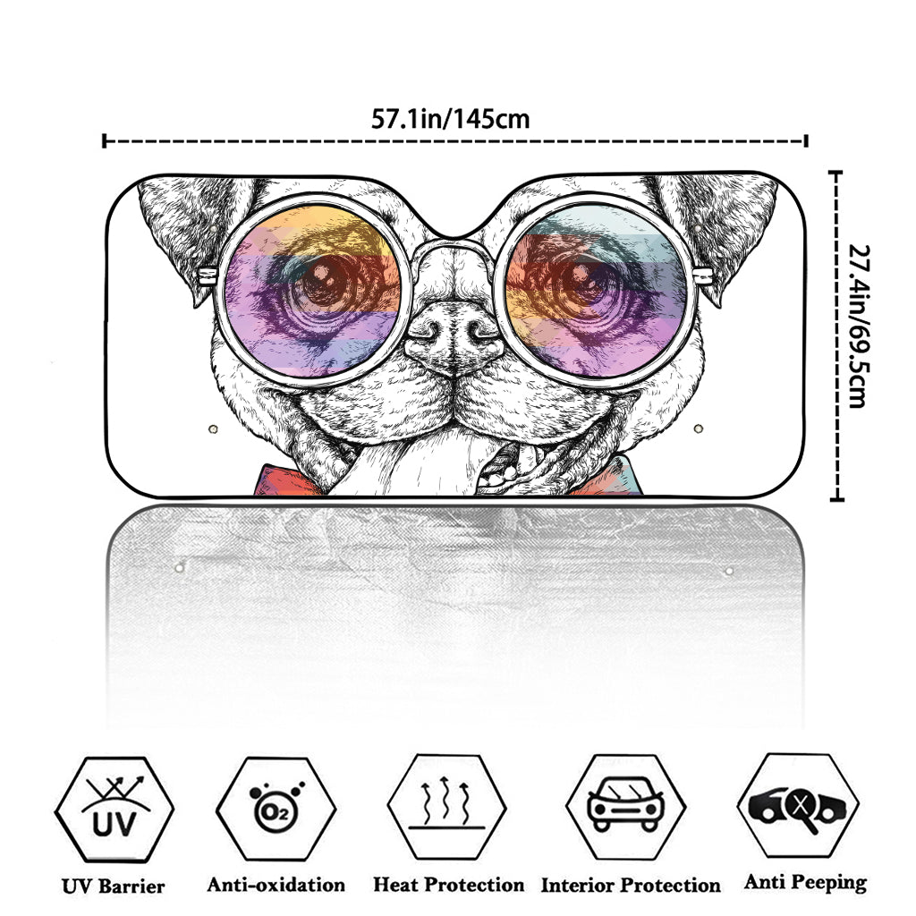 Hipster Pug Print Car Windshield Sun Shade
