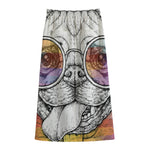 Hipster Pug Print Cotton Front Slit Maxi Skirt