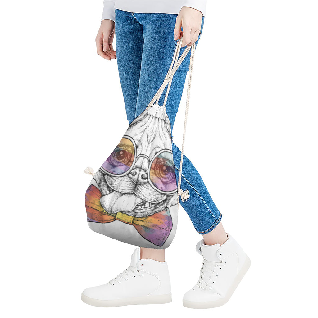 Hipster Pug Print Drawstring Bag