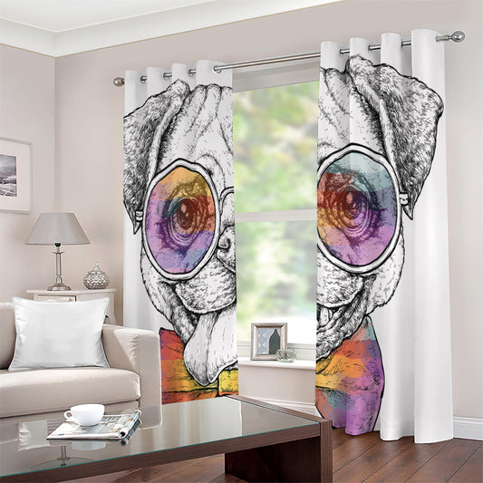 Hipster Pug Print Extra Wide Grommet Curtains
