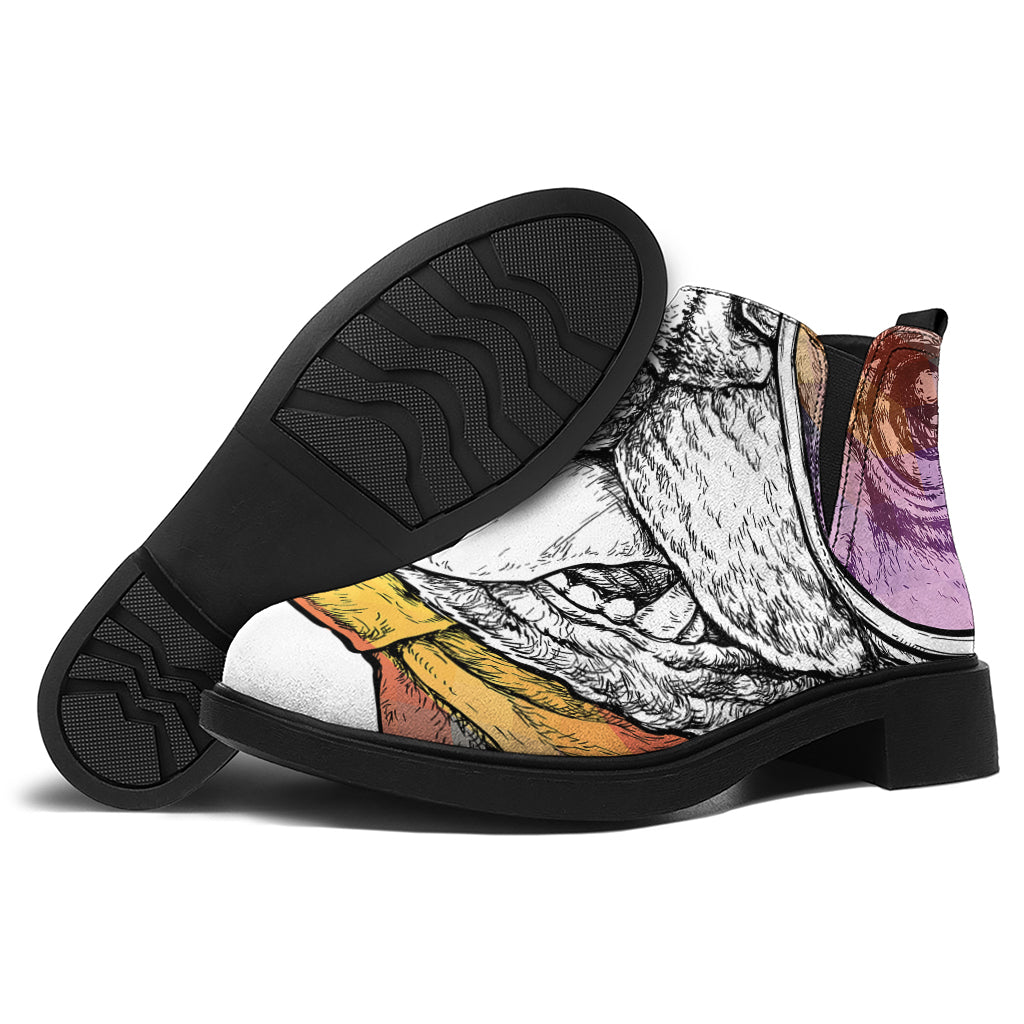 Hipster Pug Print Flat Ankle Boots