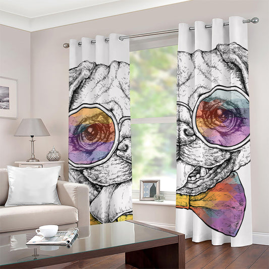 Hipster Pug Print Grommet Curtains