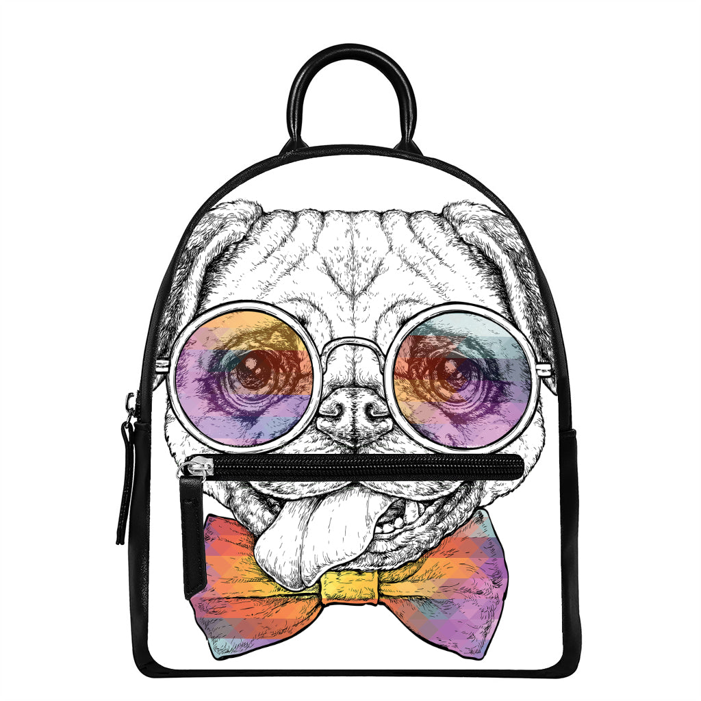 Hipster Pug Print Leather Backpack