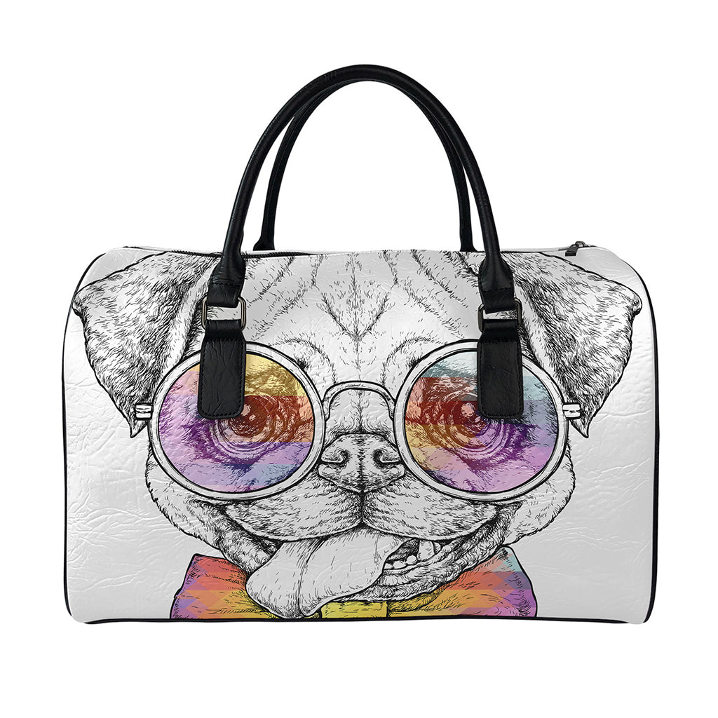 Hipster Pug Print Leather Duffle Bag