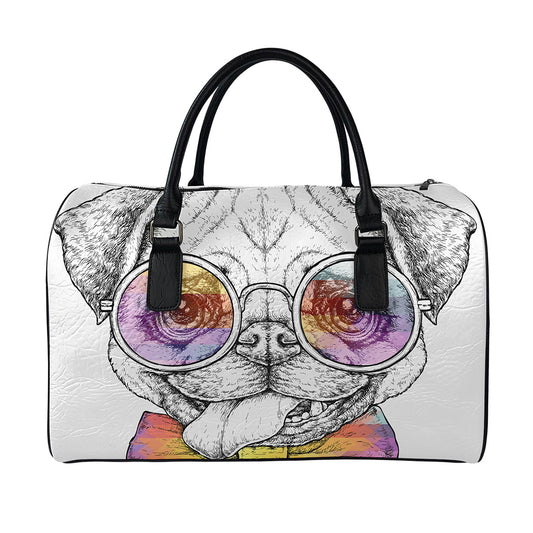 Hipster Pug Print Leather Duffle Bag