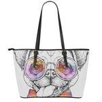 Hipster Pug Print Leather Tote Bag