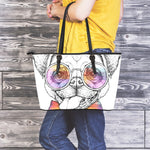 Hipster Pug Print Leather Tote Bag