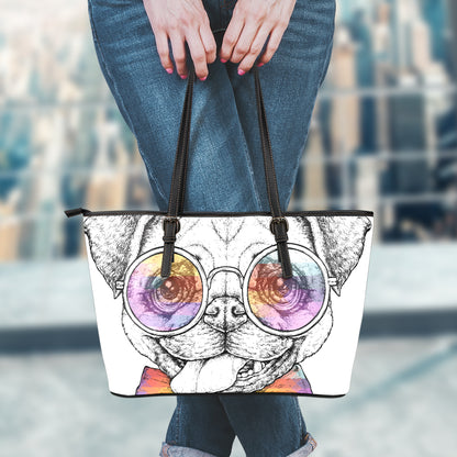 Hipster Pug Print Leather Tote Bag