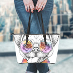 Hipster Pug Print Leather Tote Bag