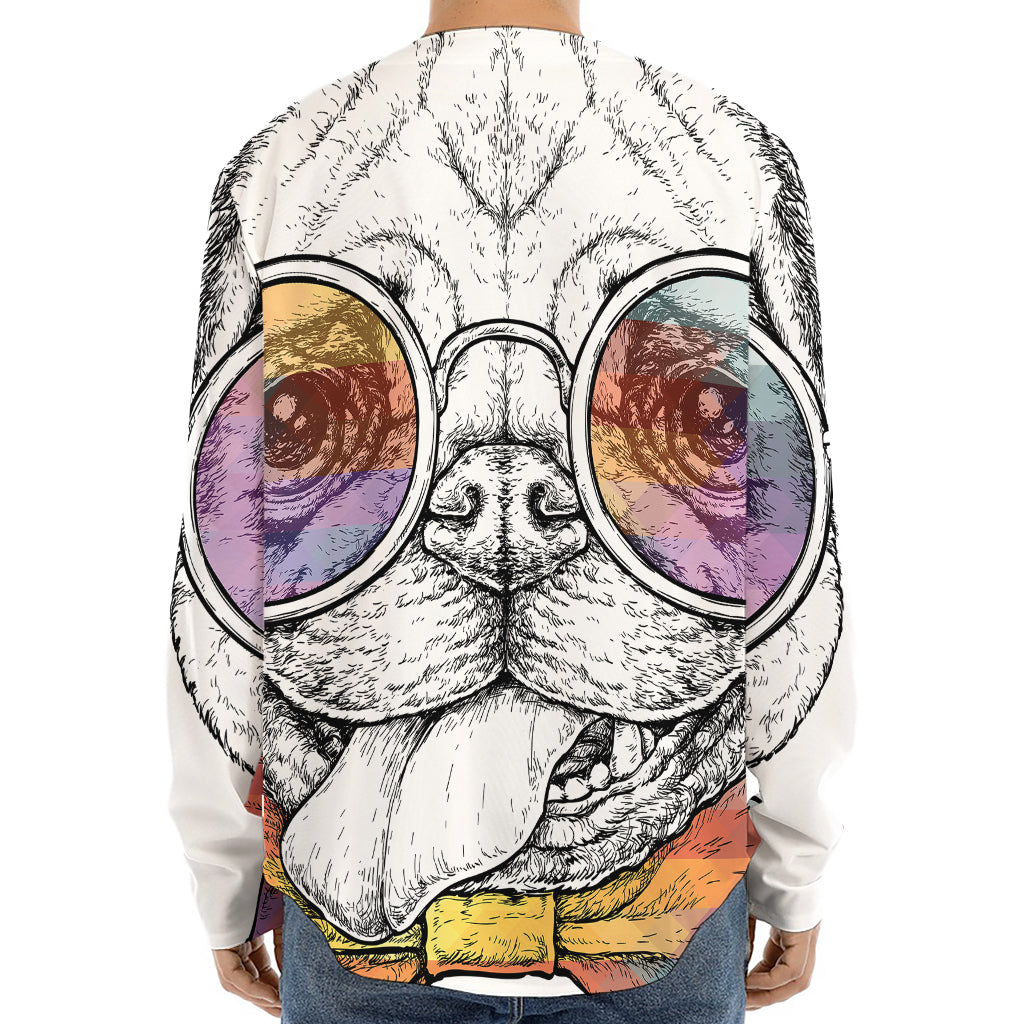 Hipster Pug Print Long Sleeve Baseball Jersey