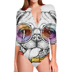 Hipster Pug Print Long Sleeve Swimsuit